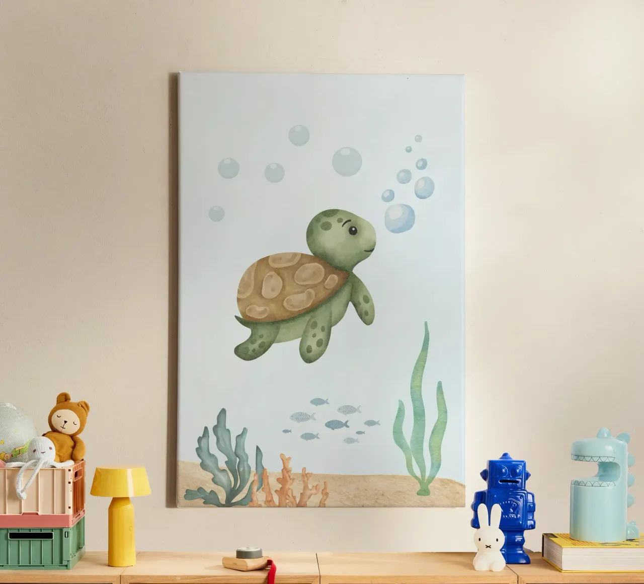 Cuentos de tortugas bajo el mar lienzo con Marco flotante de DesignArt