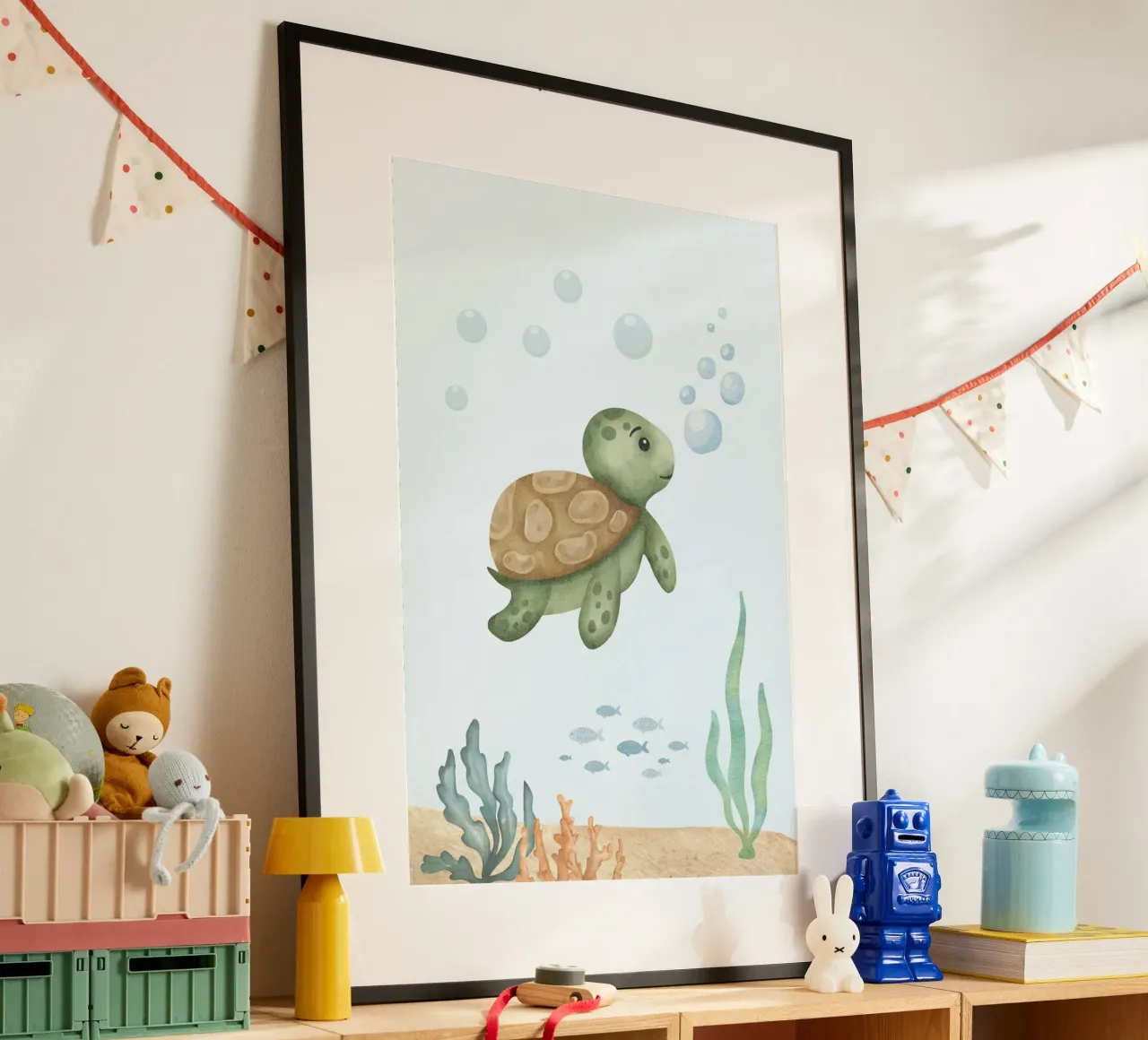 Racconti di tartarughe sotto il mare poster con telaio in alluminio da DesignArt