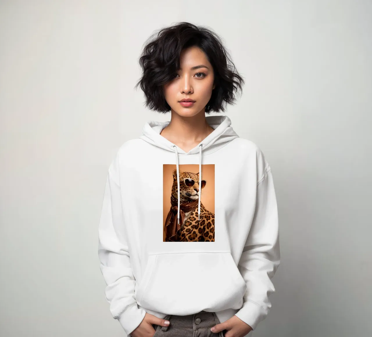 Ritratto leopardato di moda con occhiali da sole e sciarpa di seta felpa con cappuccio da Styled Creatures