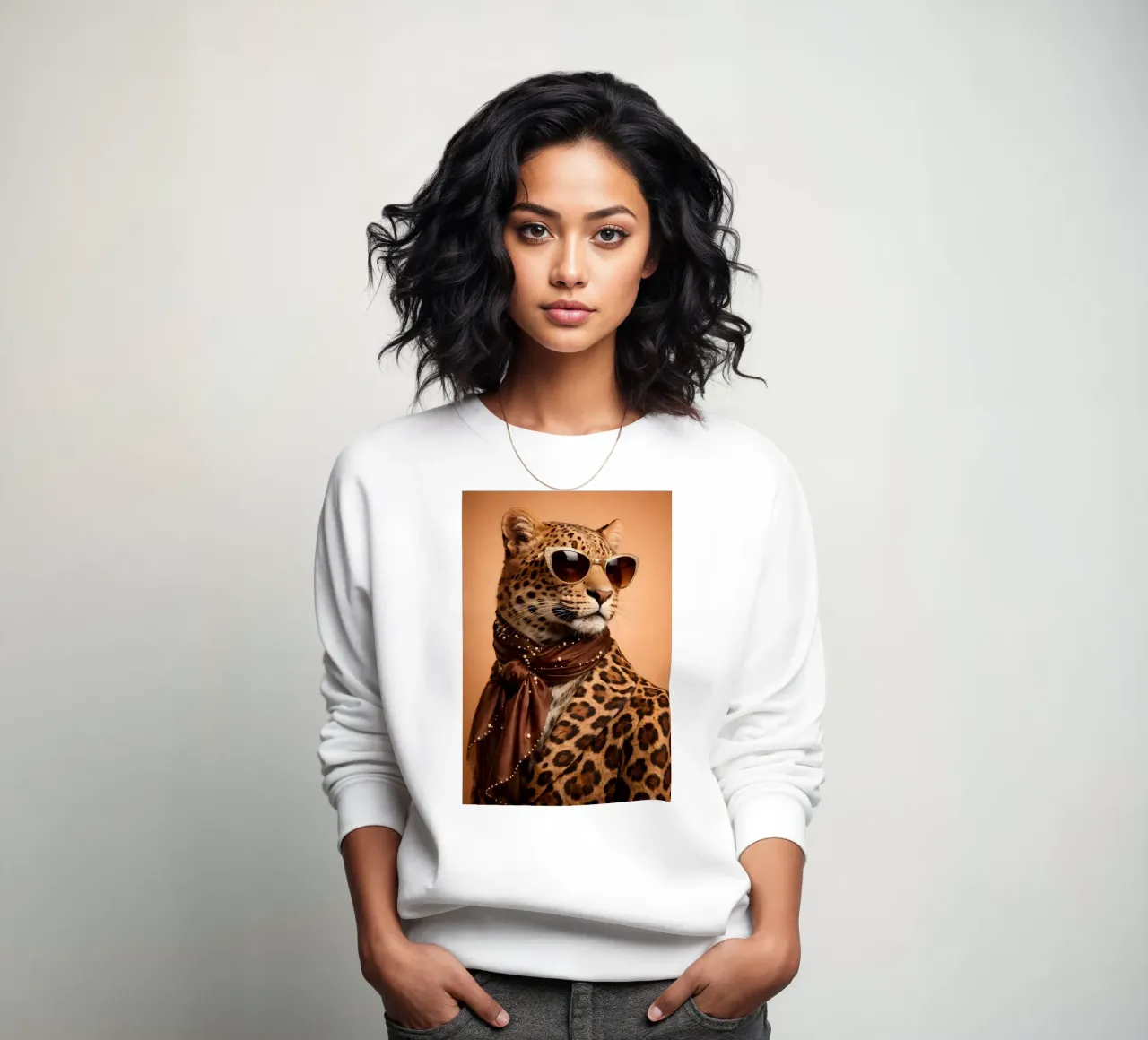 Ritratto leopardato di moda con occhiali da sole e sciarpa di seta felpa da Styled Creatures