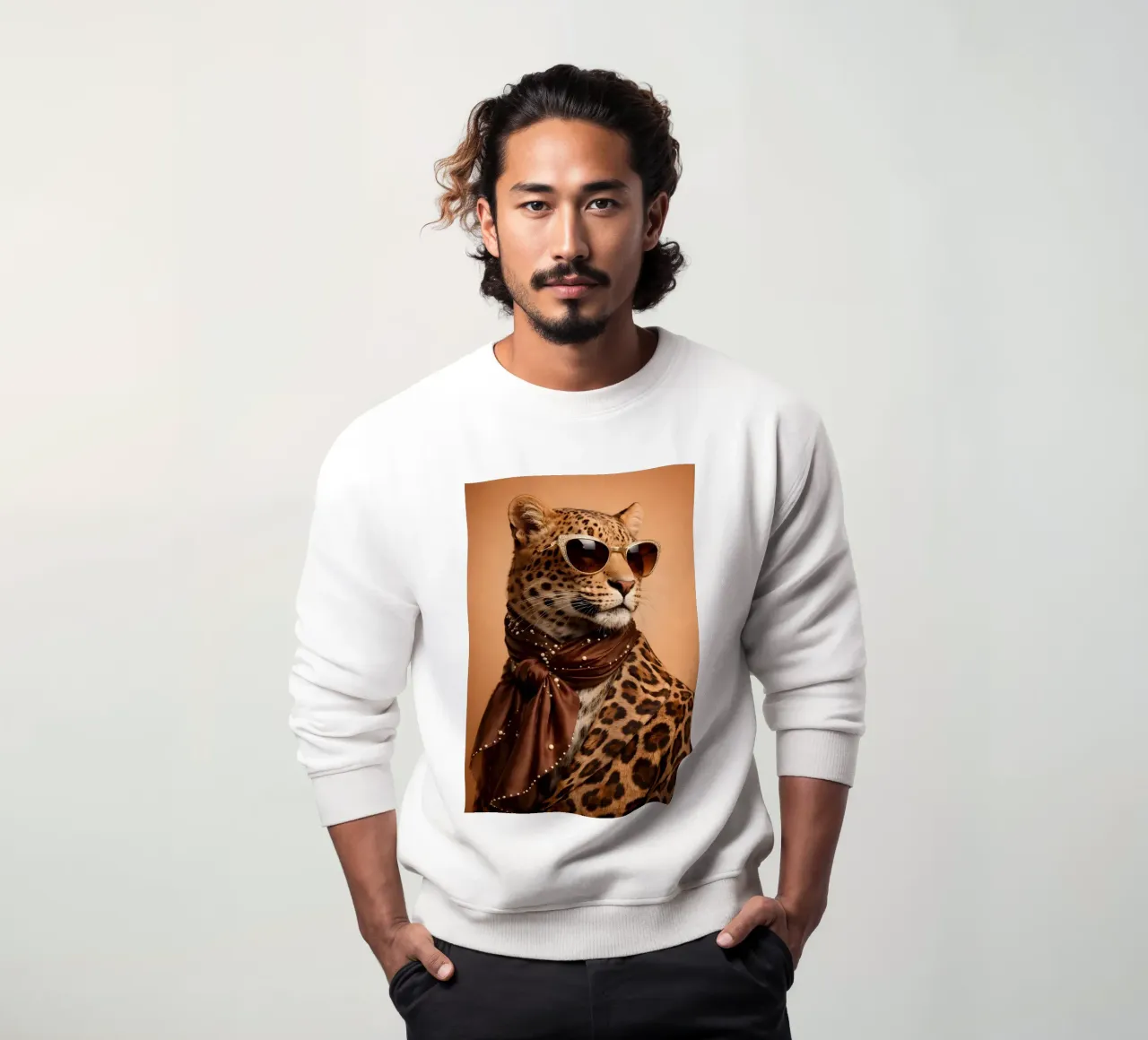 Ritratto leopardato di moda con occhiali da sole e sciarpa di seta felpa da Styled Creatures