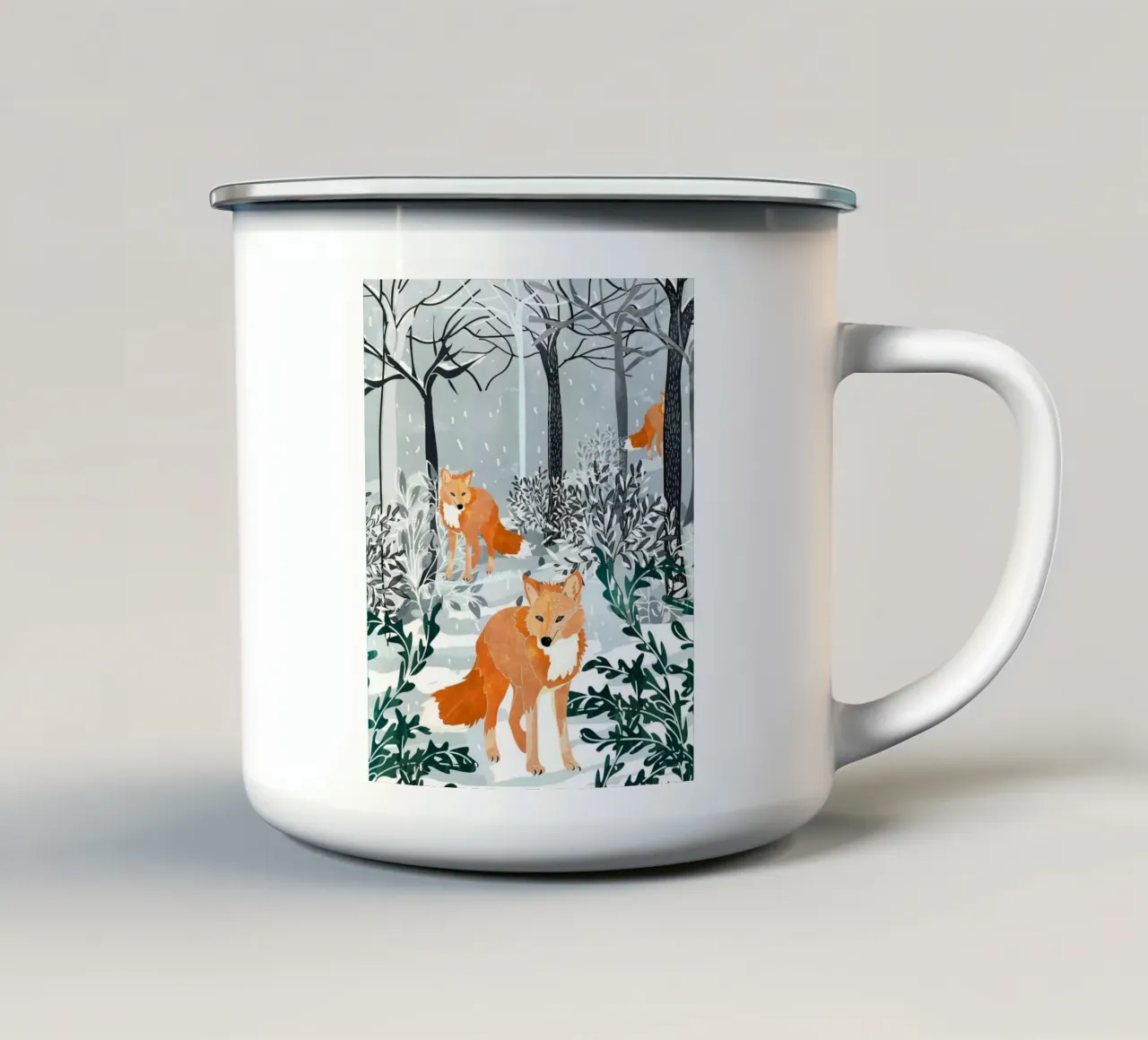 Passeggiata sulla neve con la volpe tazza in smalto da 83oranges.com