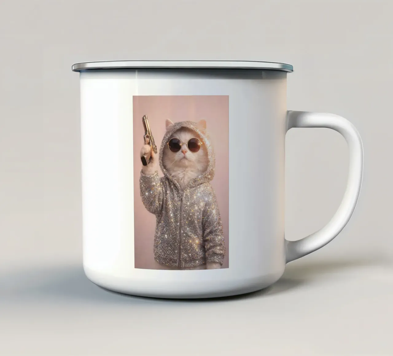 Gatto ribelle con felpa con cappuccio - Ritratto di moda pop art tazza in smalto da Styled Creatures