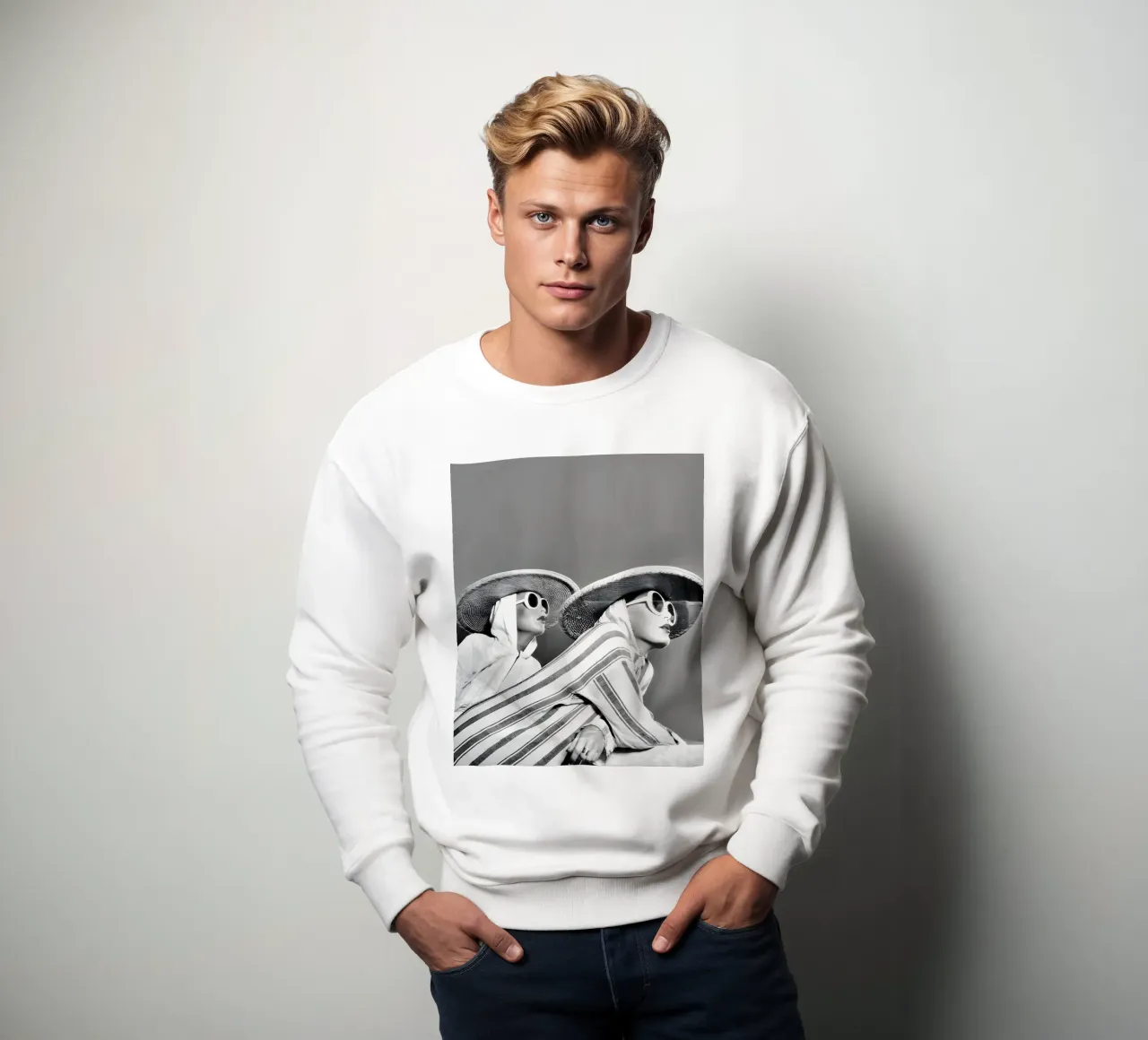 Due donne con strisce e cappelli di paglia felpa da Galery Vintage