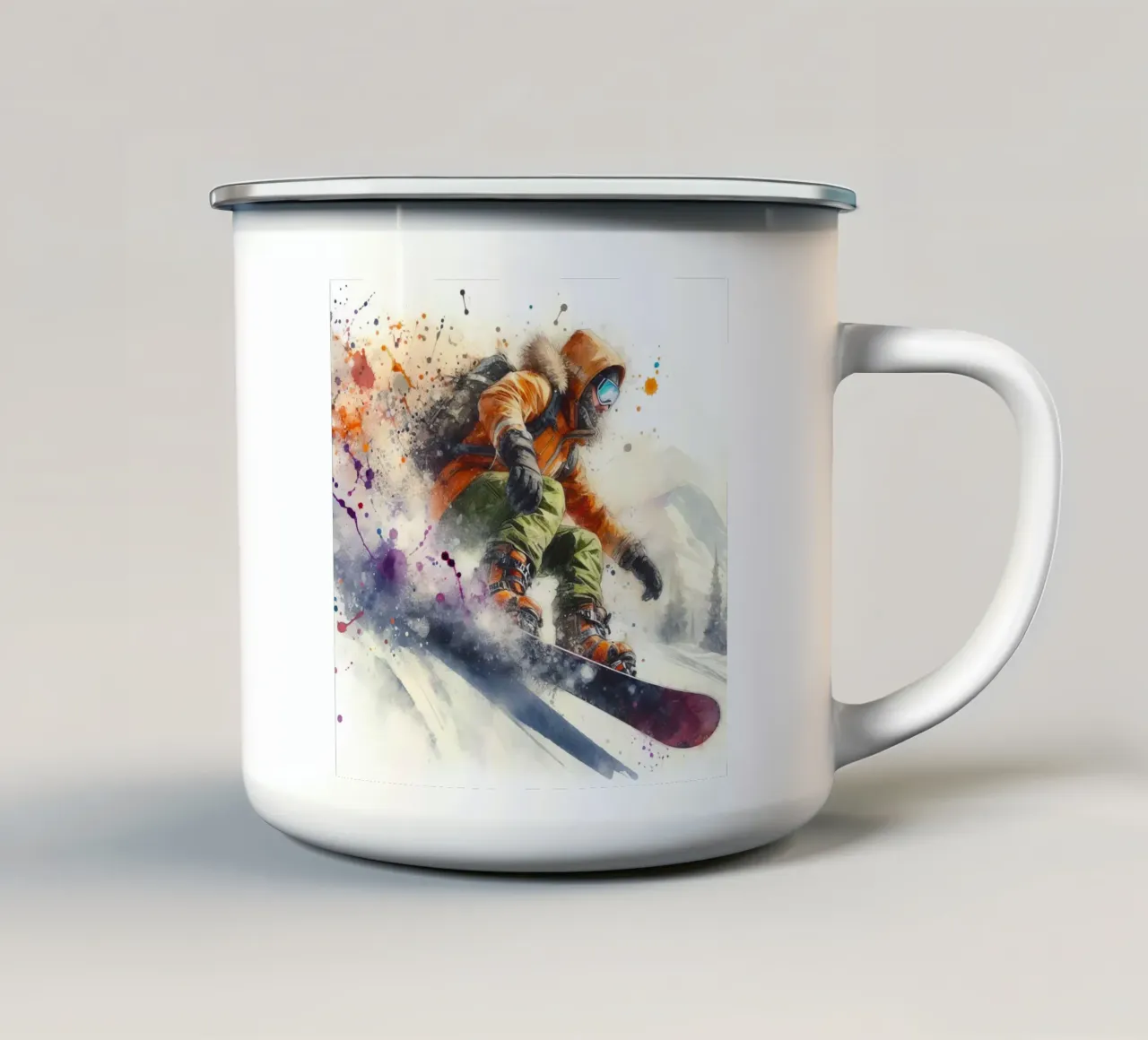 Acquerello di snowboard a tutta velocità tazza in smalto da SportBrush Studio