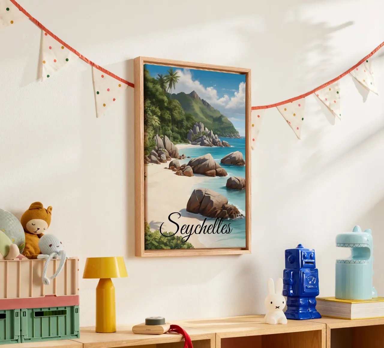 La scena della spiaggia delle Seychelles tela con Cornice a cassetta da Charnwood Prints