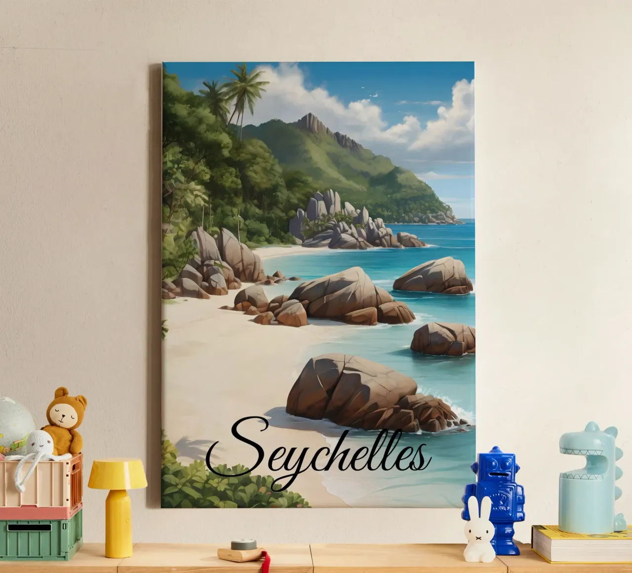 La scena della spiaggia delle Seychelles tela con Cornice a cassetta da Charnwood Prints
