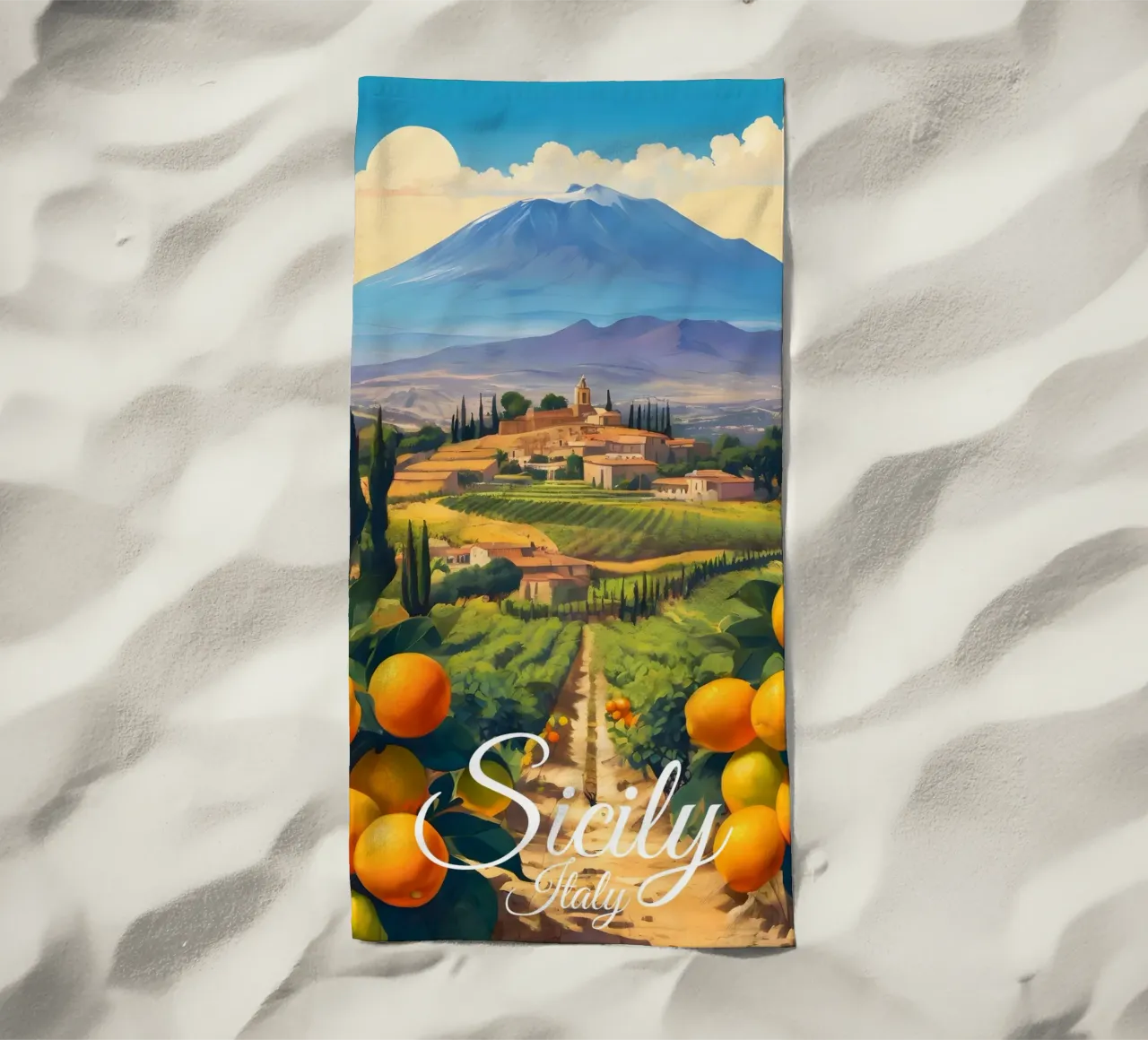 Scene di arance di Sicilia telo mare da Charnwood Prints