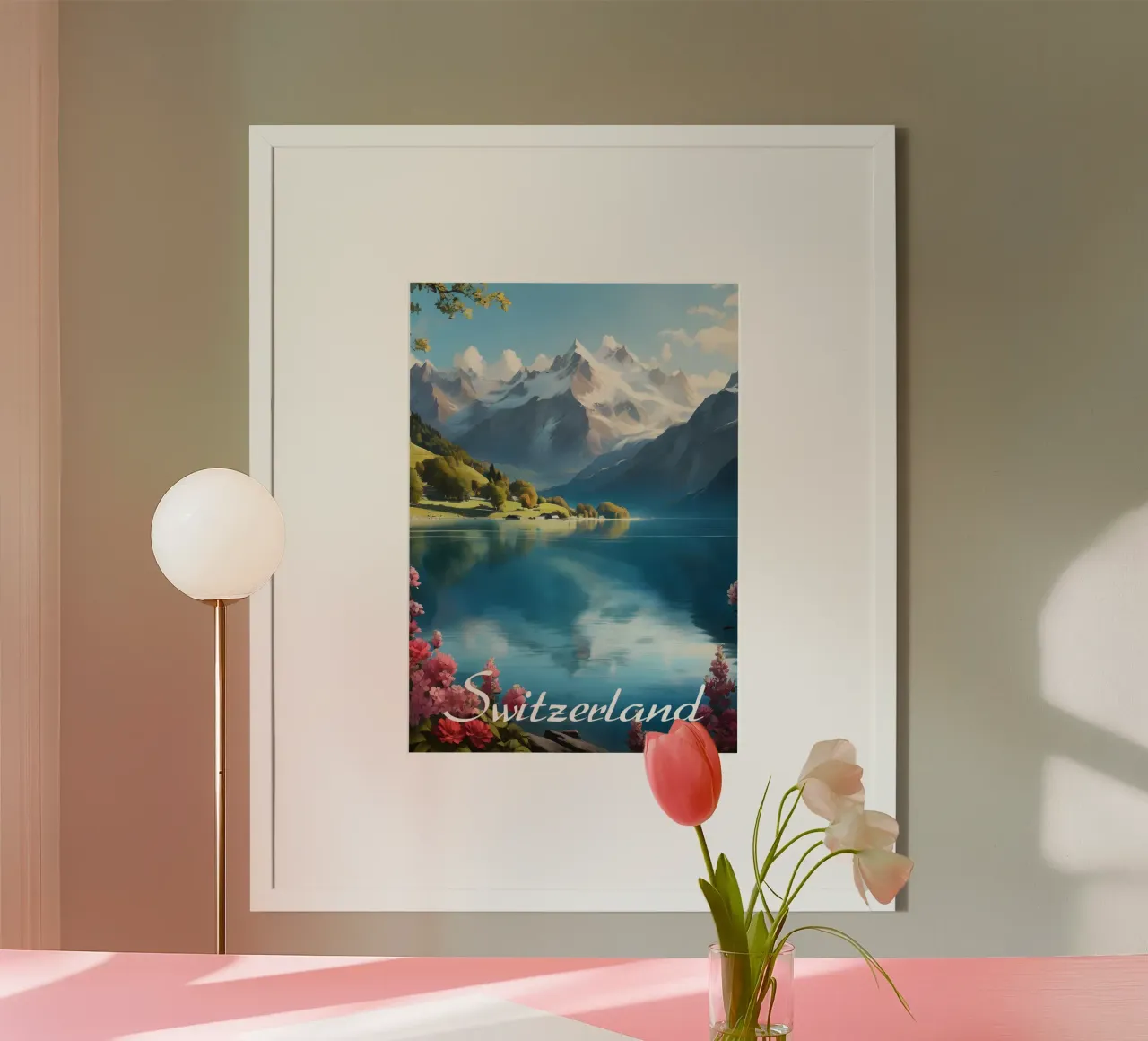 Schweiz Alpine See-Szene Poster von Charnwood Prints