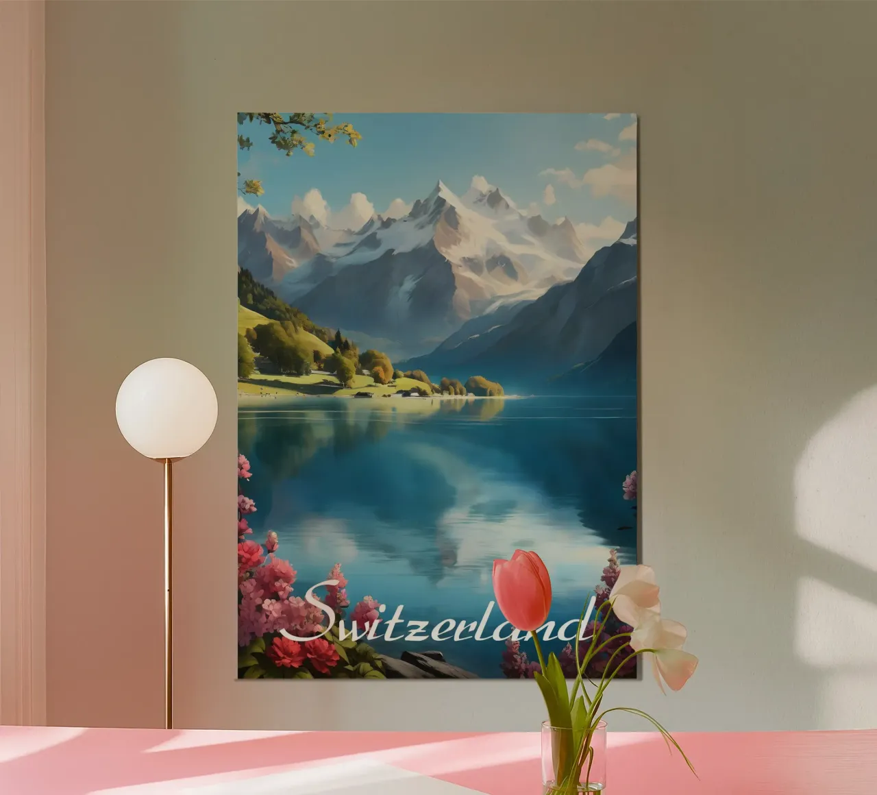 Schweiz Alpine See-Szene Poster von Charnwood Prints