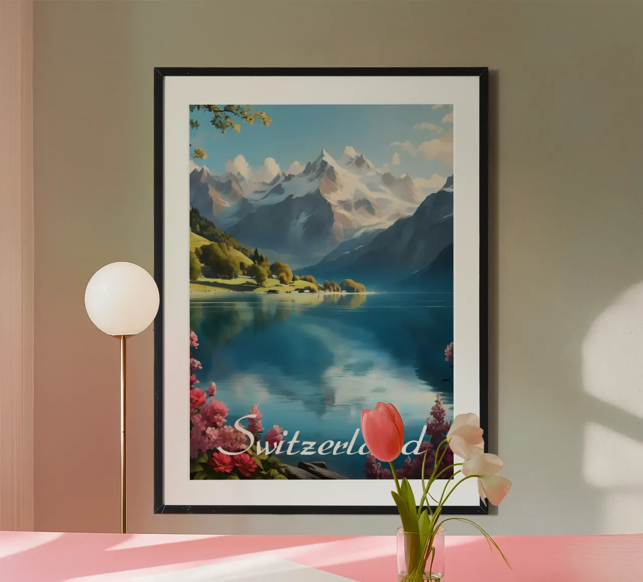 Schweiz Alpine See-Szene Poster von Charnwood Prints