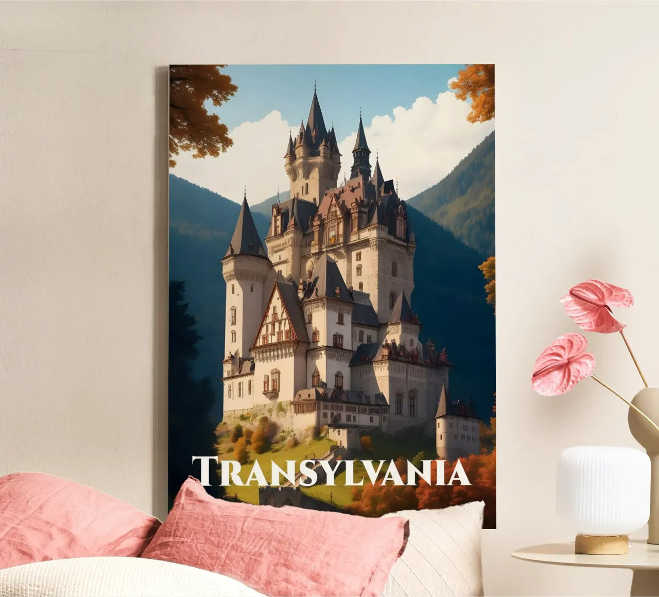 Scène kasteel Transsylvanië canvas met Baklijst van Charnwood Prints