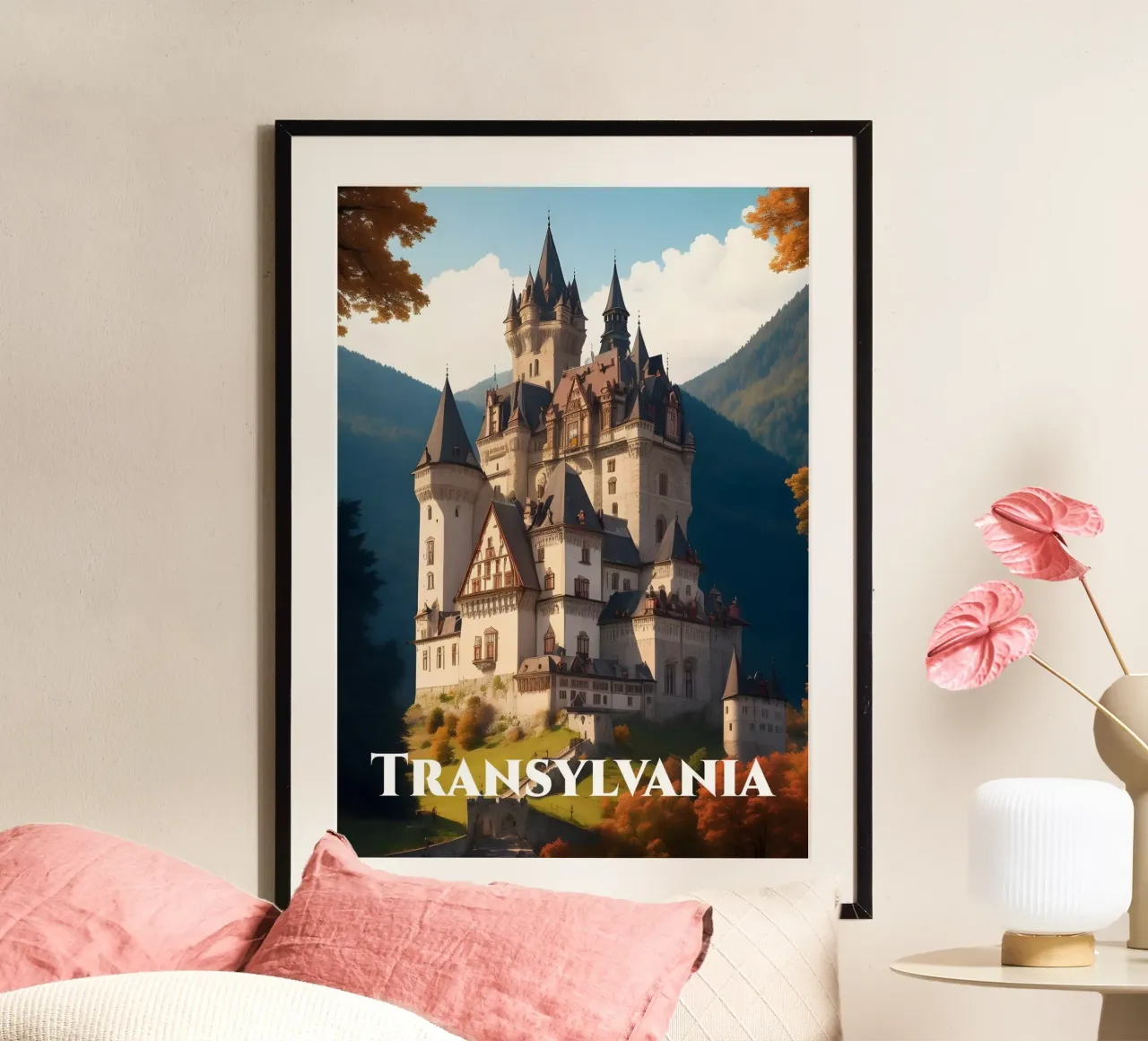 Transylvania Castle Scene poster con telaio in alluminio da Charnwood Prints