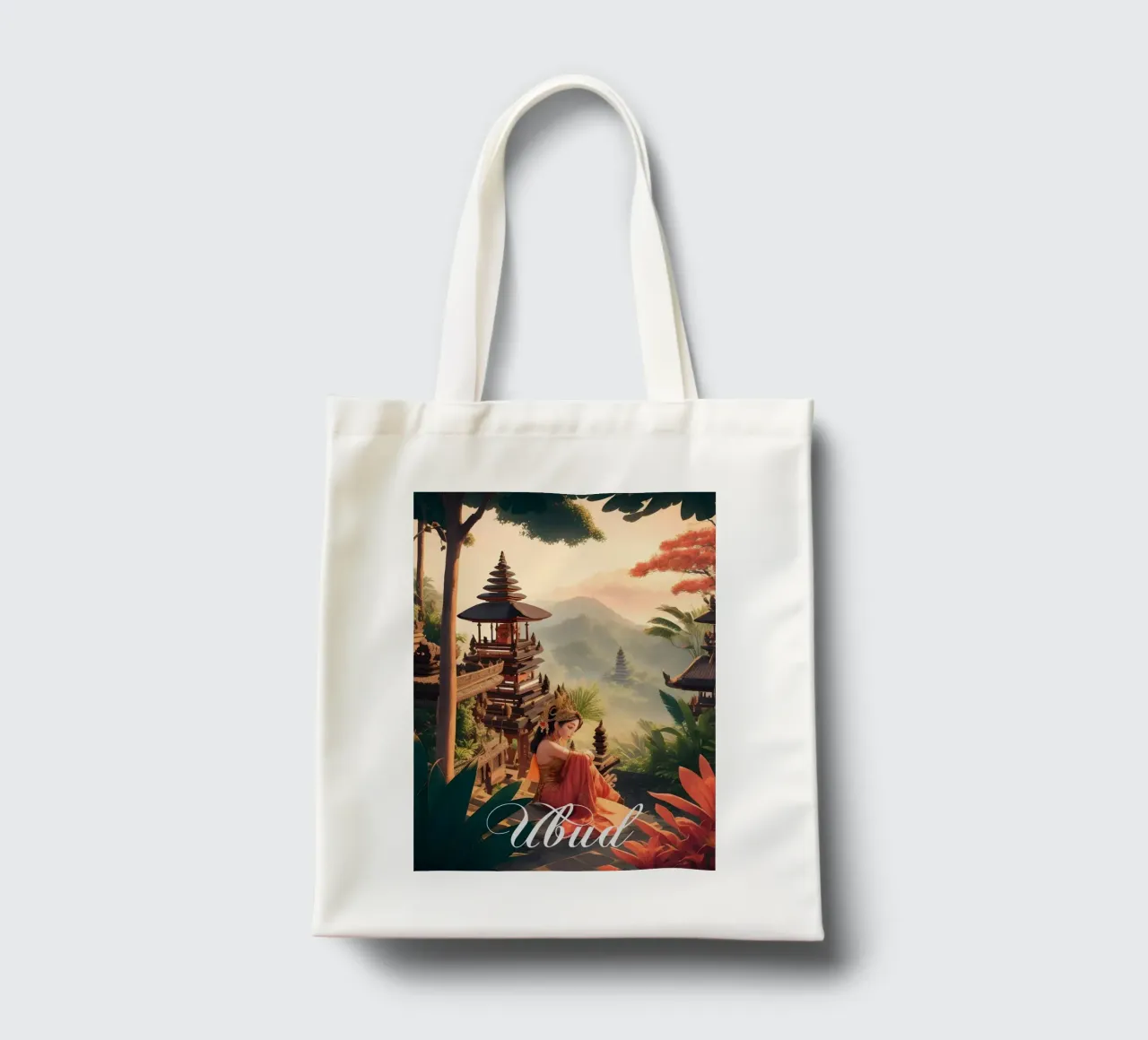 Ubud Bali Temple Scene borsa in juta da Charnwood Prints