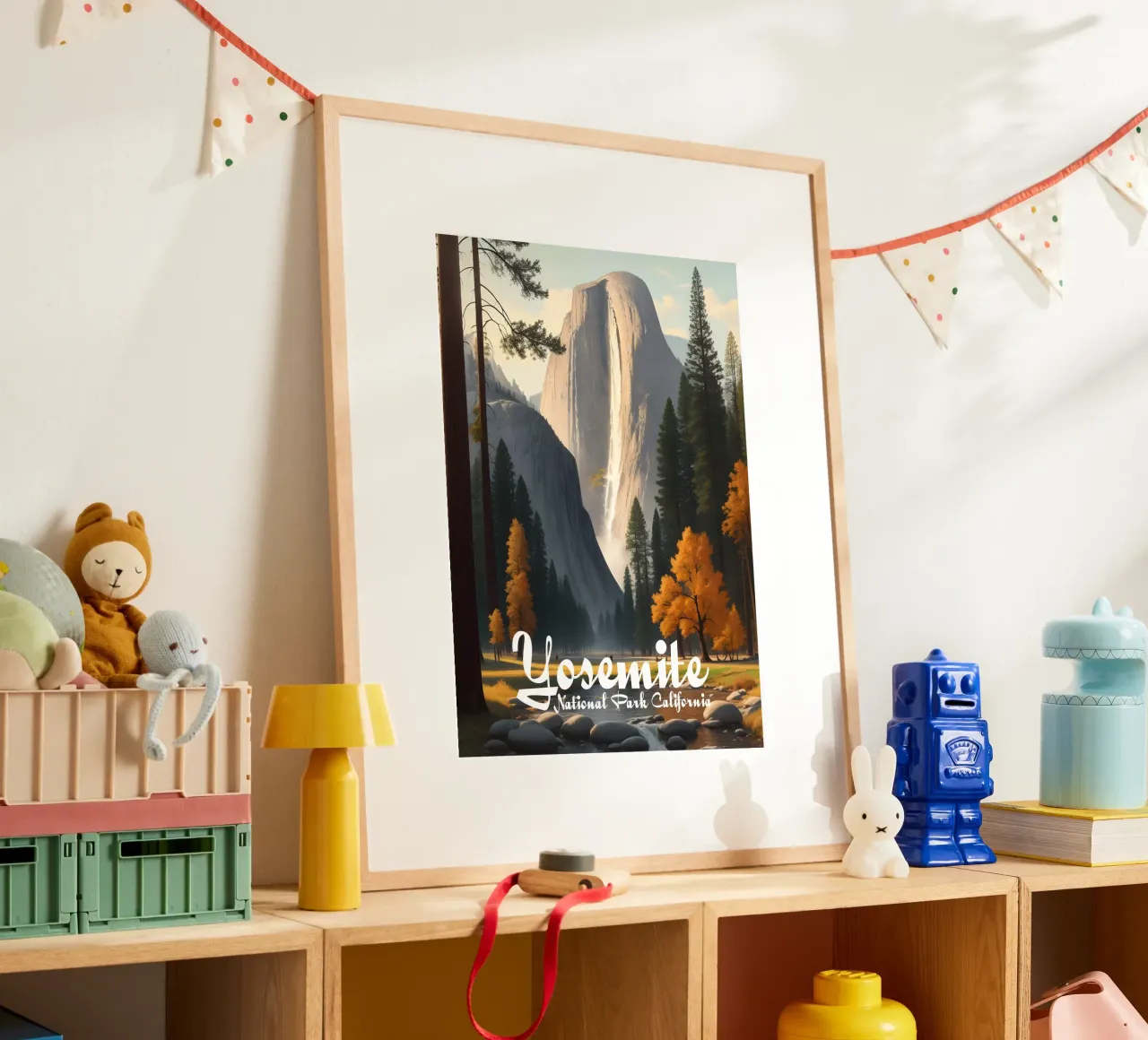 Scena del Parco Nazionale dello Yosemite in California poster con telaio in legno da Charnwood Prints