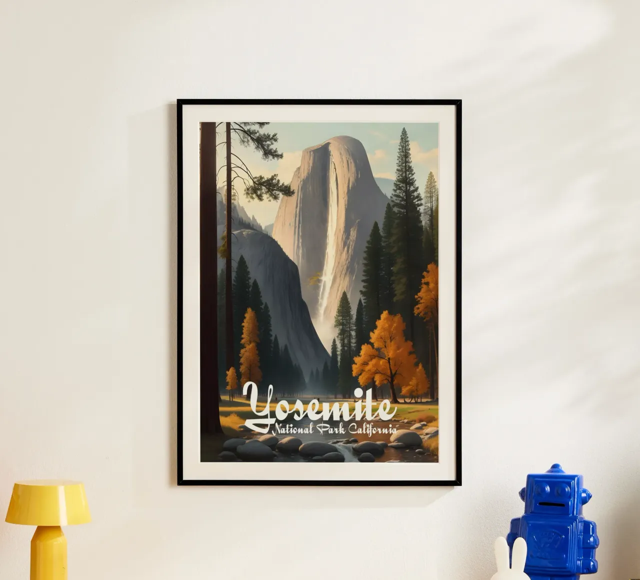 Scena del Parco Nazionale dello Yosemite in California poster con telaio in legno da Charnwood Prints