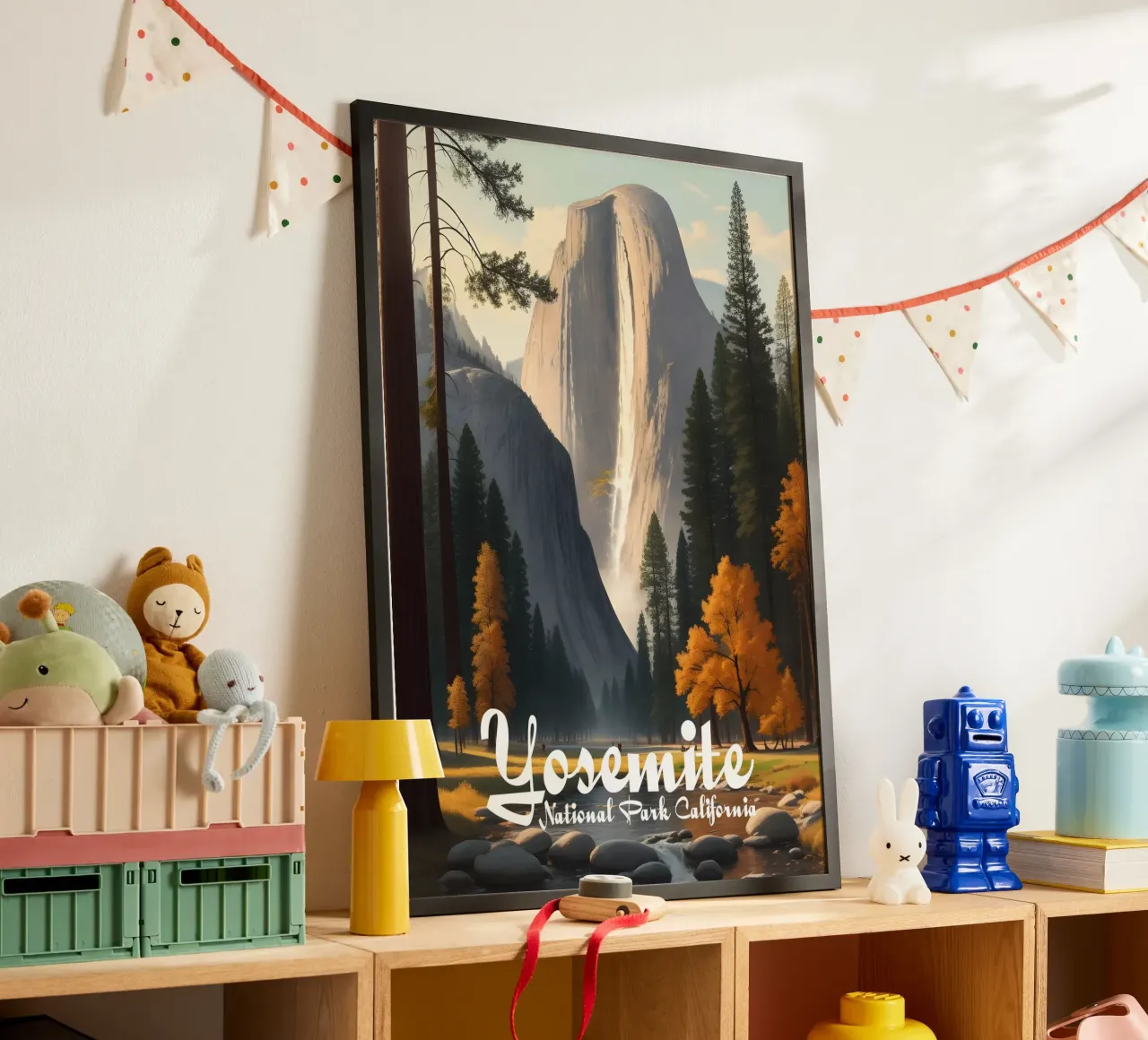 Scena del Parco Nazionale dello Yosemite in California poster con telaio in legno da Charnwood Prints