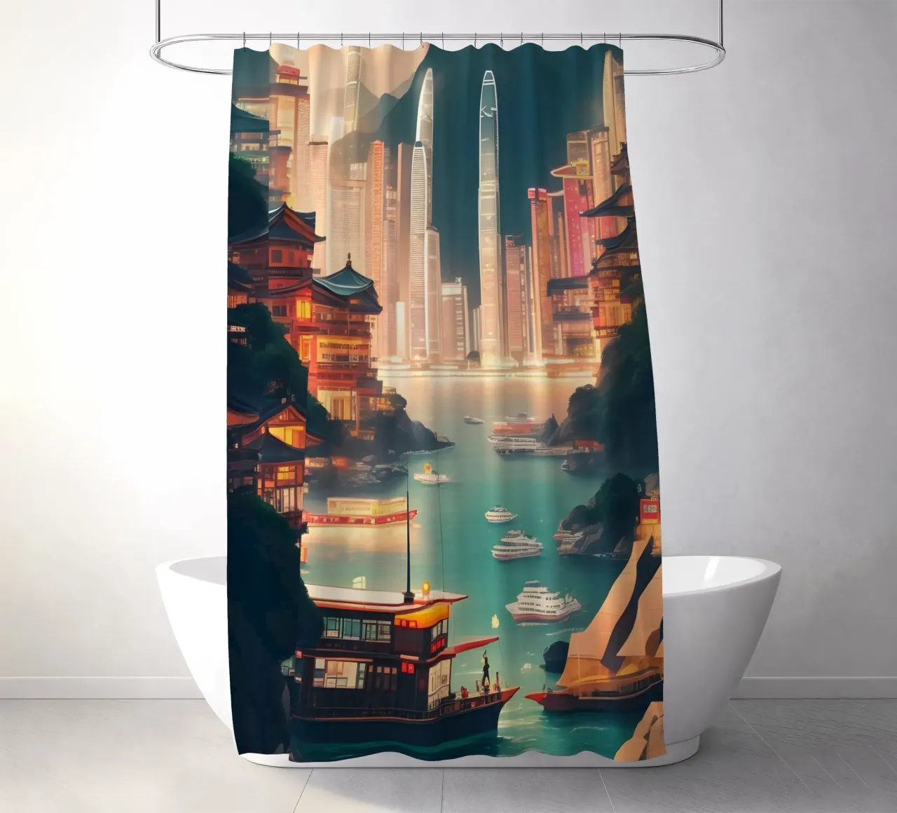 Paesaggio urbano di Hong Kong tenda da doccia da Charnwood Prints