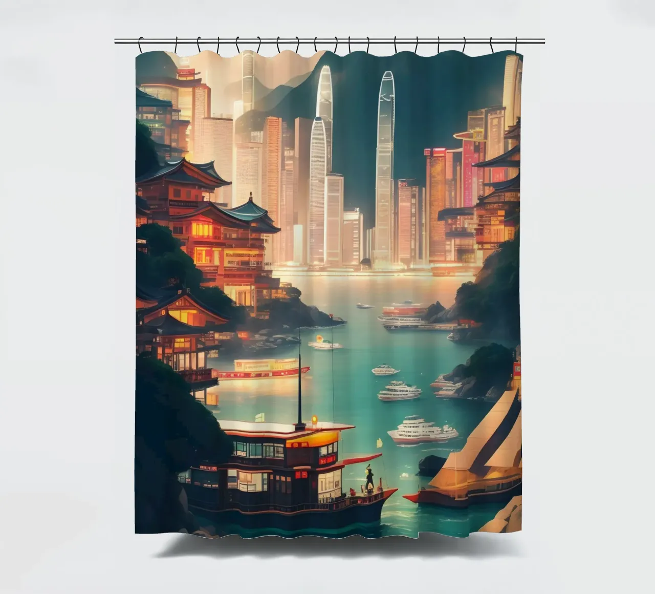 Paesaggio urbano di Hong Kong tenda da doccia da Charnwood Prints