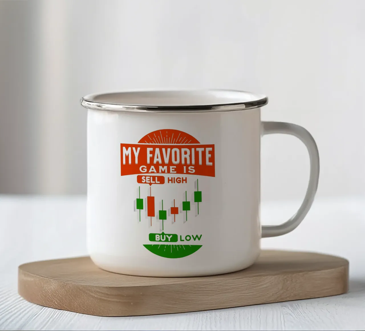Il mio gioco preferito è Vendere Alto Comprare Basso tazza in smalto da Gunawan Rb