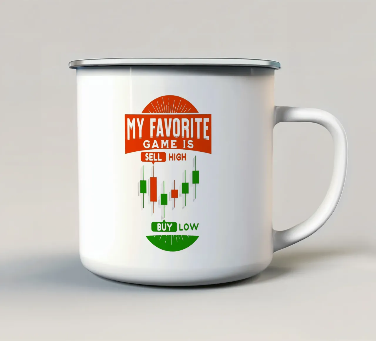 Il mio gioco preferito è Vendere Alto Comprare Basso tazza in smalto da Gunawan Rb