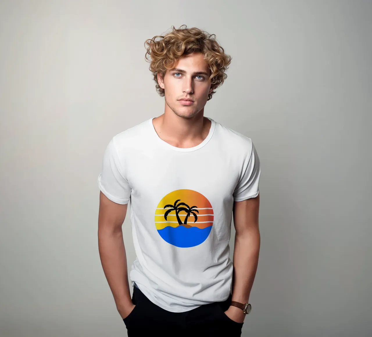 Sunset with palm trees t-shirt da happieeagle