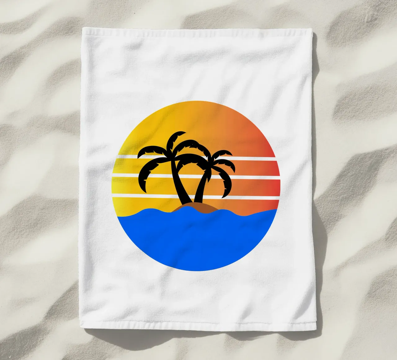 Sunset with palm trees beach towel by happieeagle