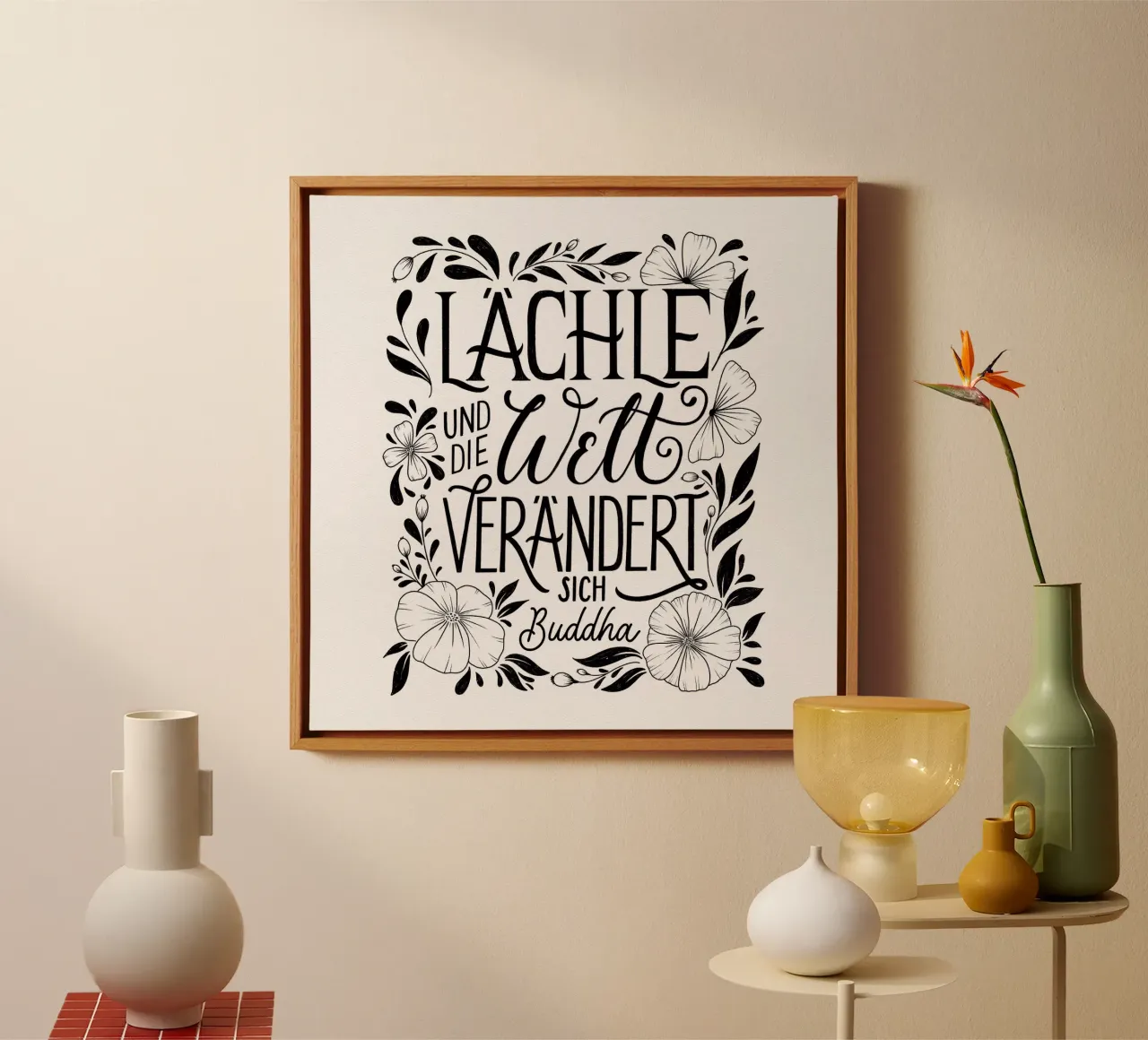 Buddha. Quote. Smile and the world will change. canvas with Floater frame by CalliLetters