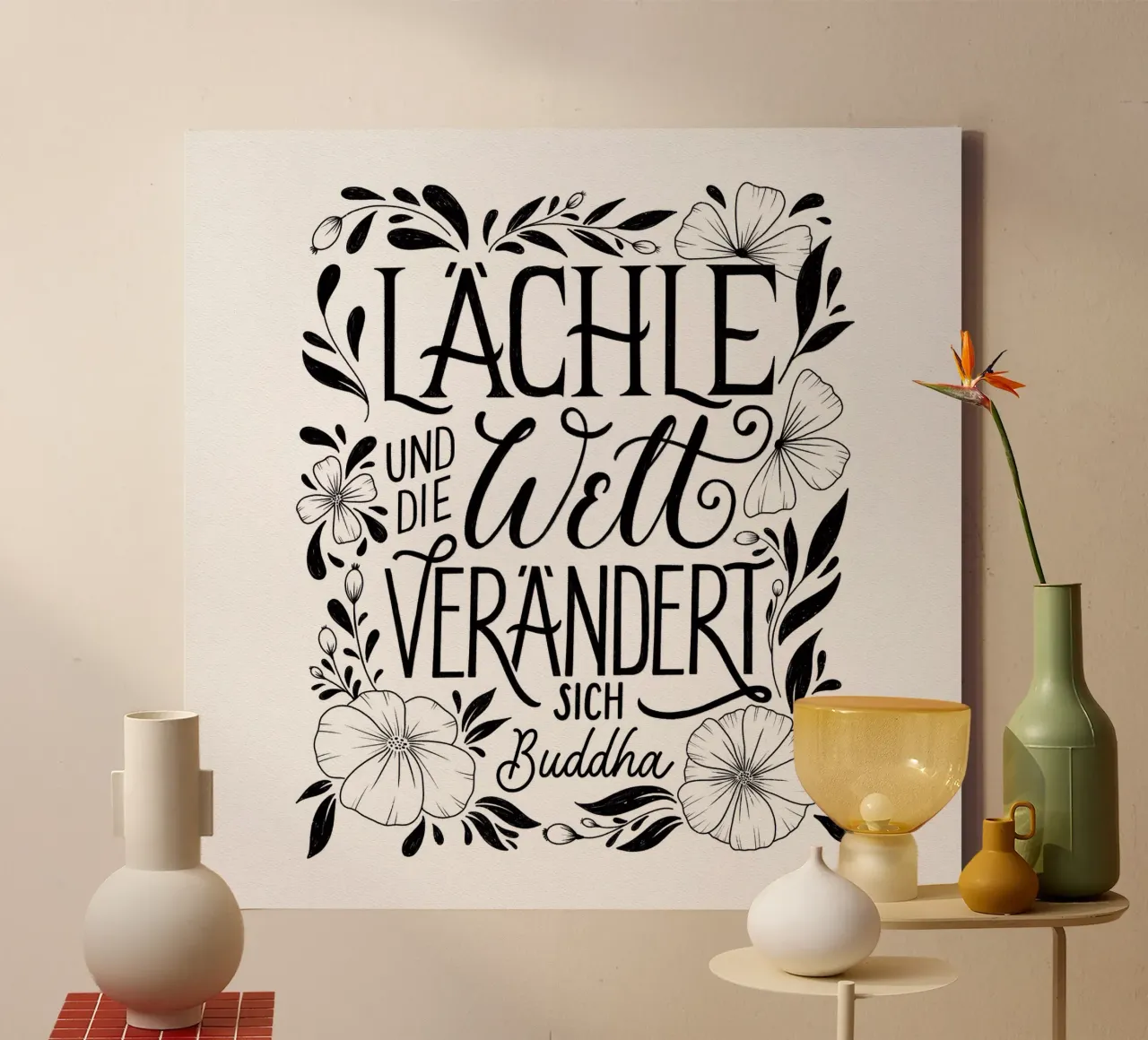 Buddha. Quote. Smile and the world will change. canvas with Floater frame by CalliLetters