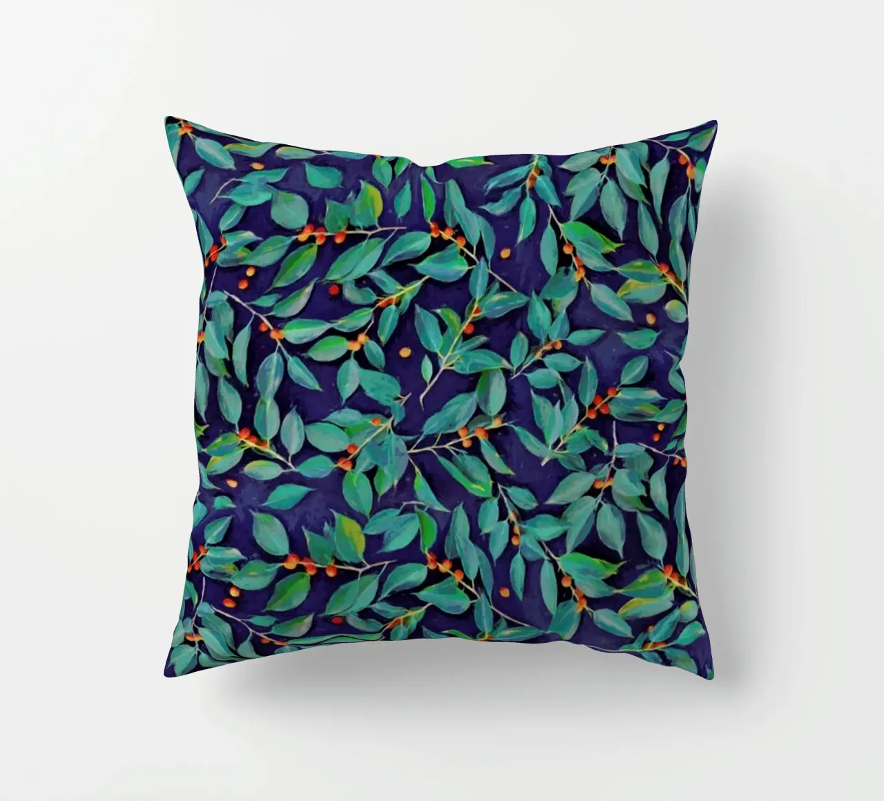 Leaves & Berries on Blue cuscino da Micklyn Le Feuvre