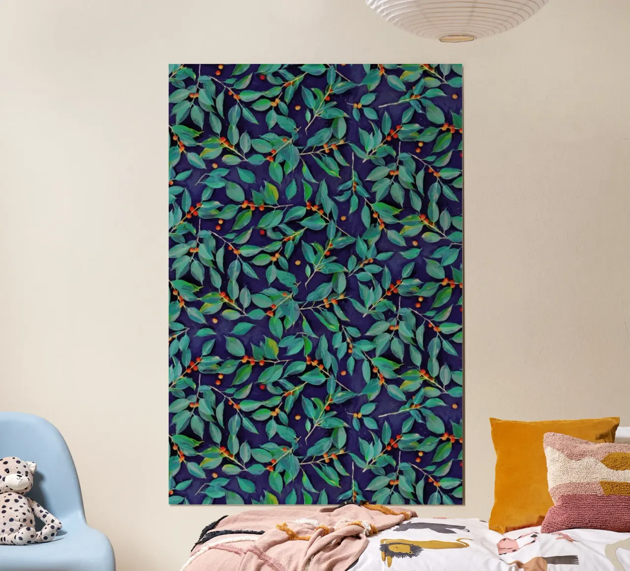 Leaves & Berries on Blue poster con telaio in legno da Micklyn Le Feuvre