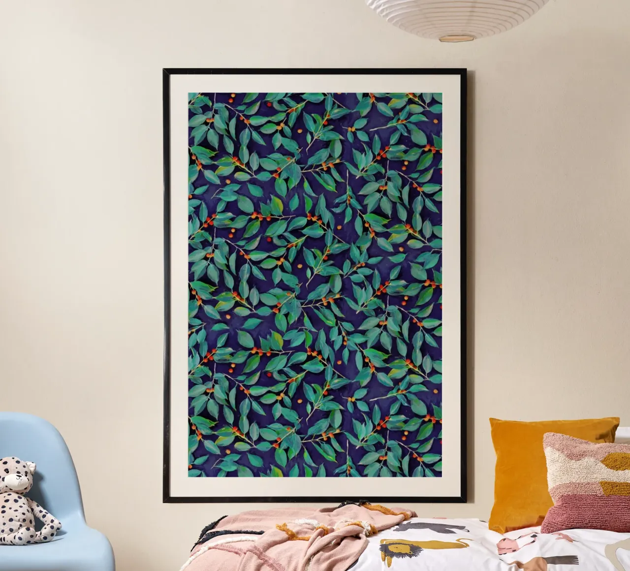 Leaves & Berries on Blue poster con telaio in legno da Micklyn Le Feuvre
