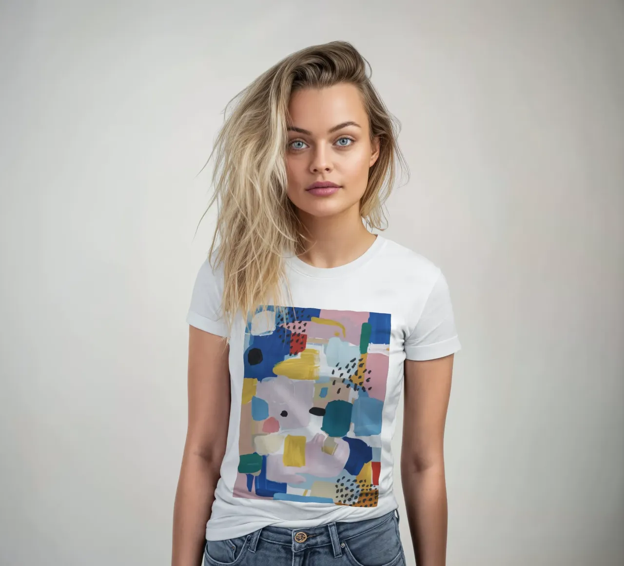 Gestructureerd abstract patchwork dames t-shirt getailleerd van Solace Light