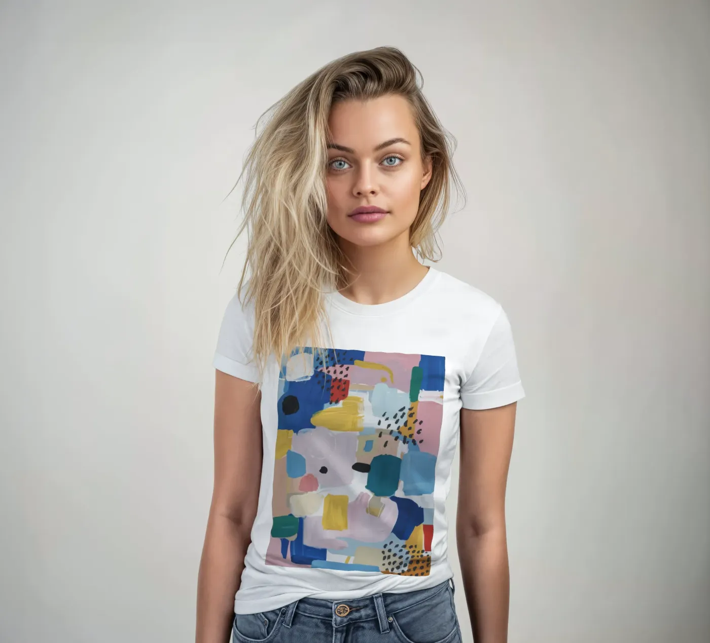 Gestructureerd abstract patchwork dames t-shirt getailleerd van Solace Light
