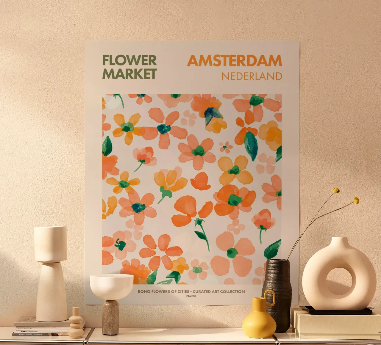 Amsterdam-Mercato dei fiori poster con telaio in legno da Emel Tunaboylu