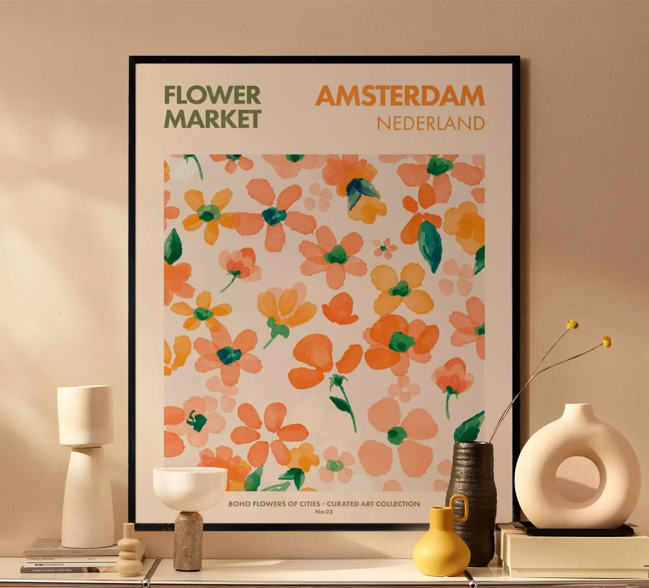 Amsterdam-Mercato dei fiori poster con telaio in legno da Emel Tunaboylu