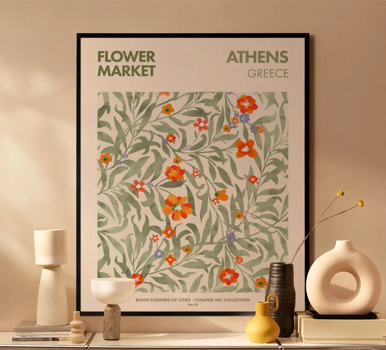 Mercato dei fiori di Atene poster con telaio in plastica da Emel Tunaboylu