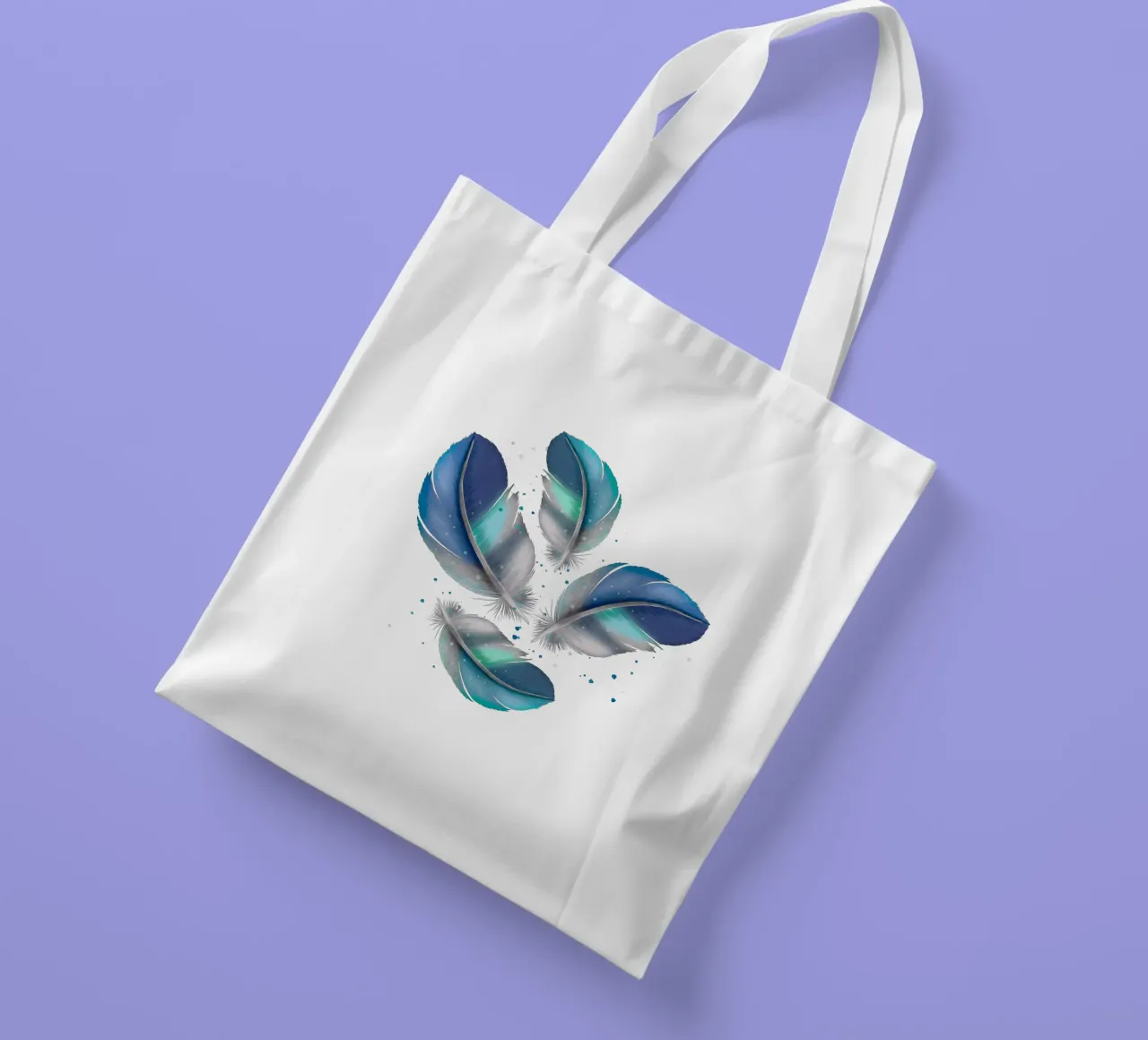 Veer in blauw tot grijs. Verenpatroon. jute draagtas van CalliLetters