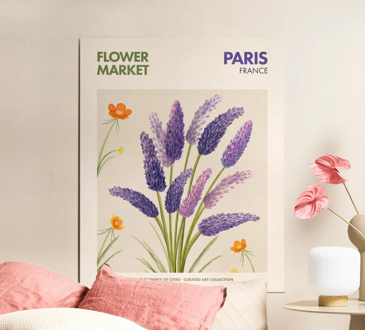 Mercato dei fiori di Parigi poster con telaio in legno da Emel Tunaboylu