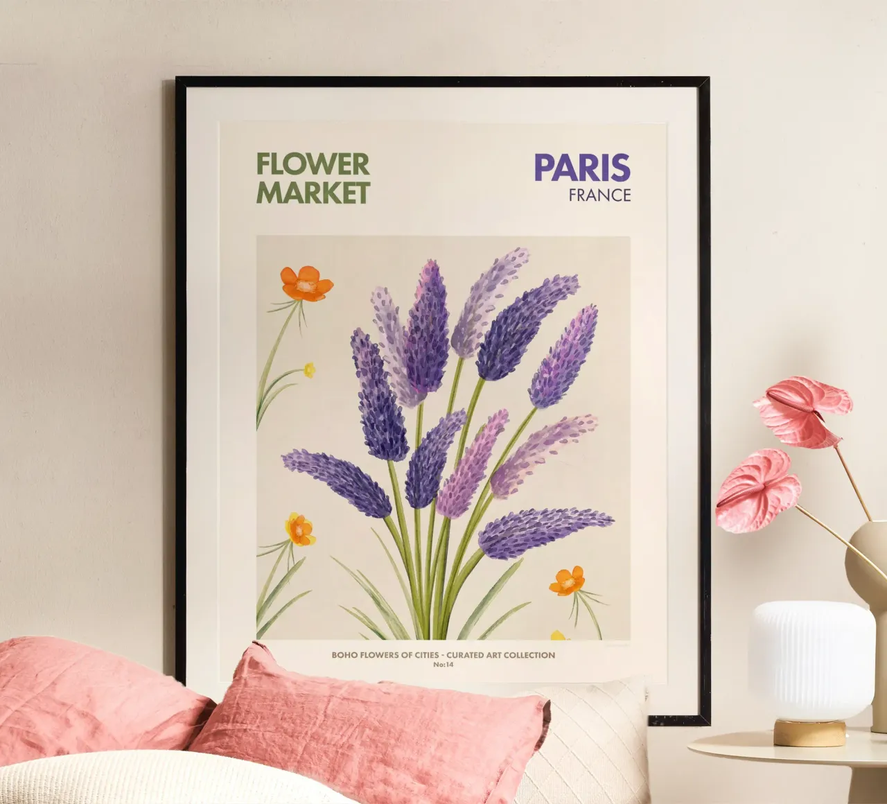 Mercato dei fiori di Parigi poster con telaio in legno da Emel Tunaboylu