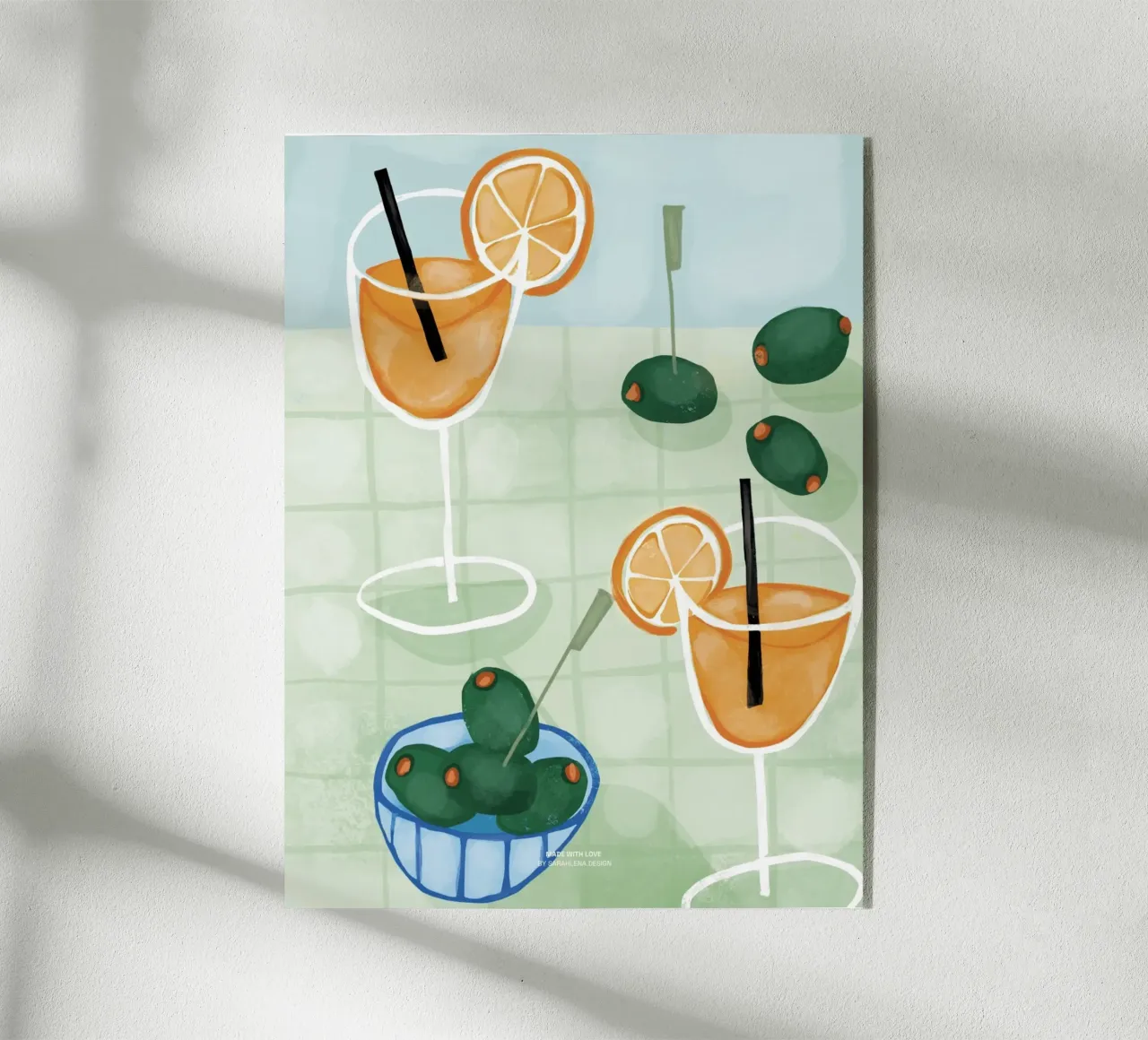 APEROL SPRITZ UND OLIVEN acrylic glass by sarahlenadesign