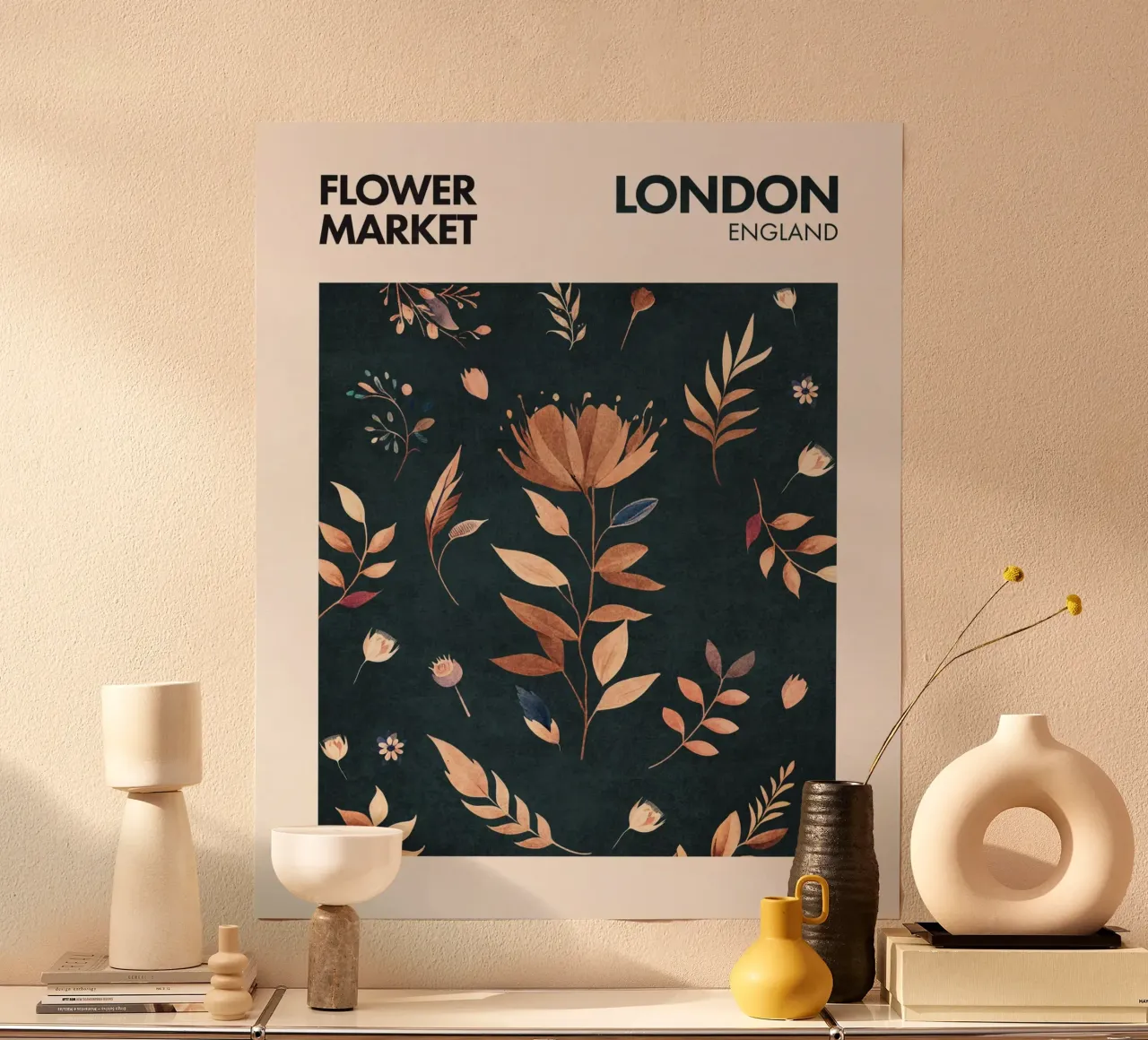 Londra - Mercato dei fiori poster con telaio in legno da Emel Tunaboylu