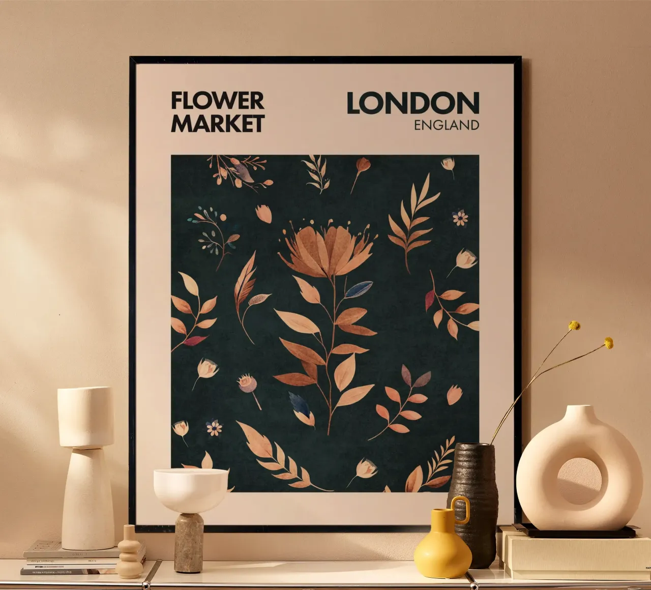 Londra - Mercato dei fiori poster con telaio in legno da Emel Tunaboylu