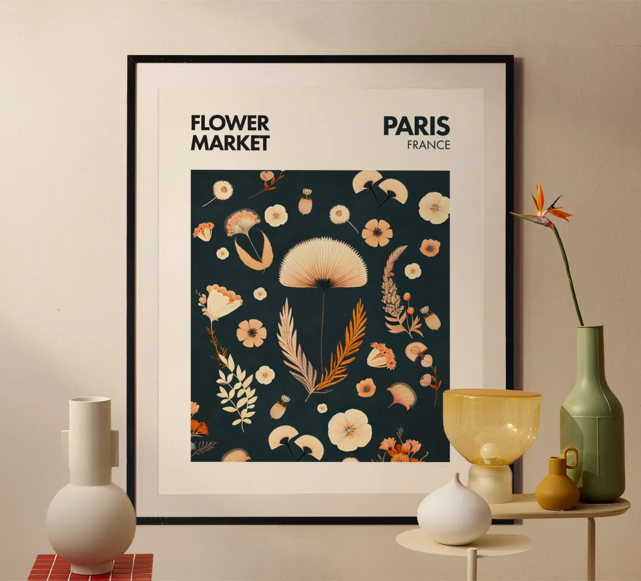 Parigi - Mercato dei fiori poster con telaio in plastica da Emel Tunaboylu