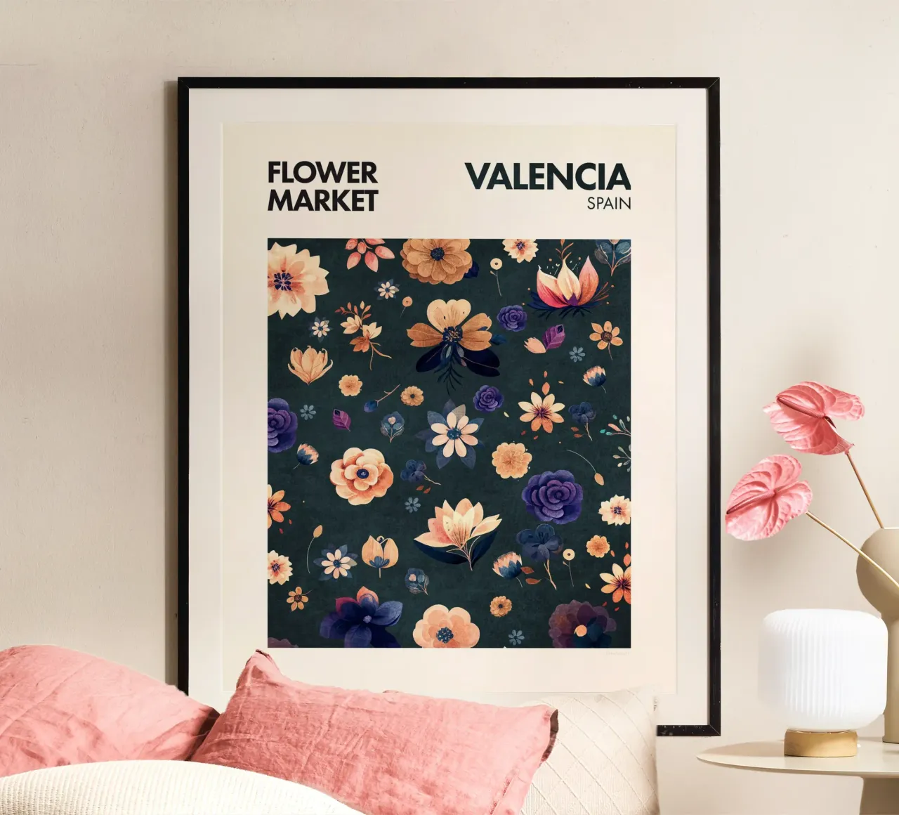 Mercato dei fiori - Valencia poster con telaio in plastica da Emel Tunaboylu