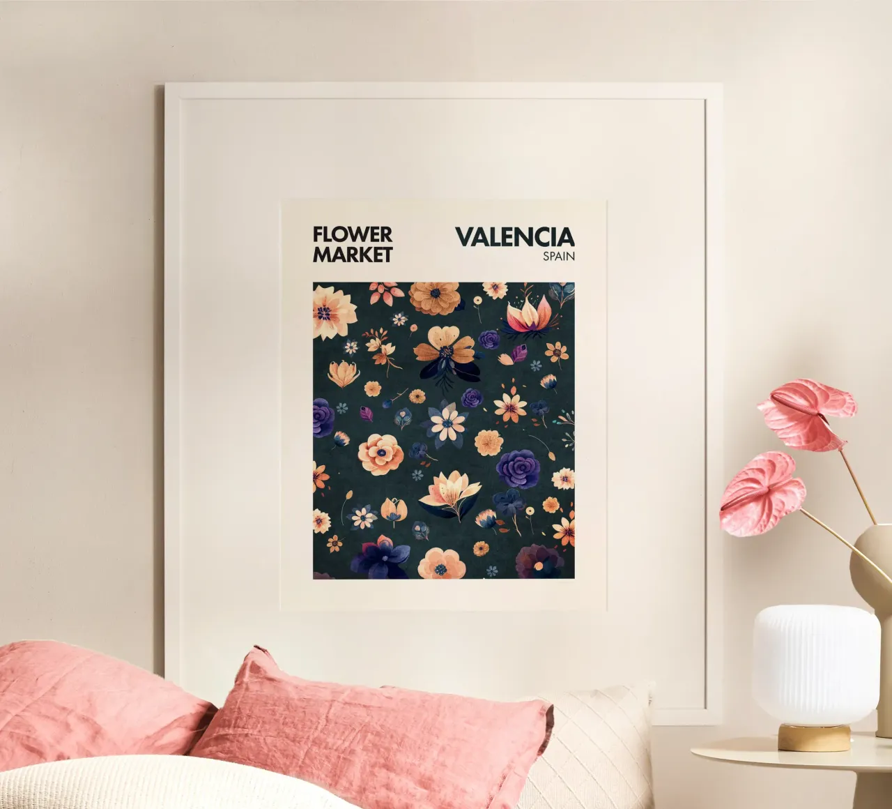 Mercato dei fiori - Valencia poster con telaio in plastica da Emel Tunaboylu