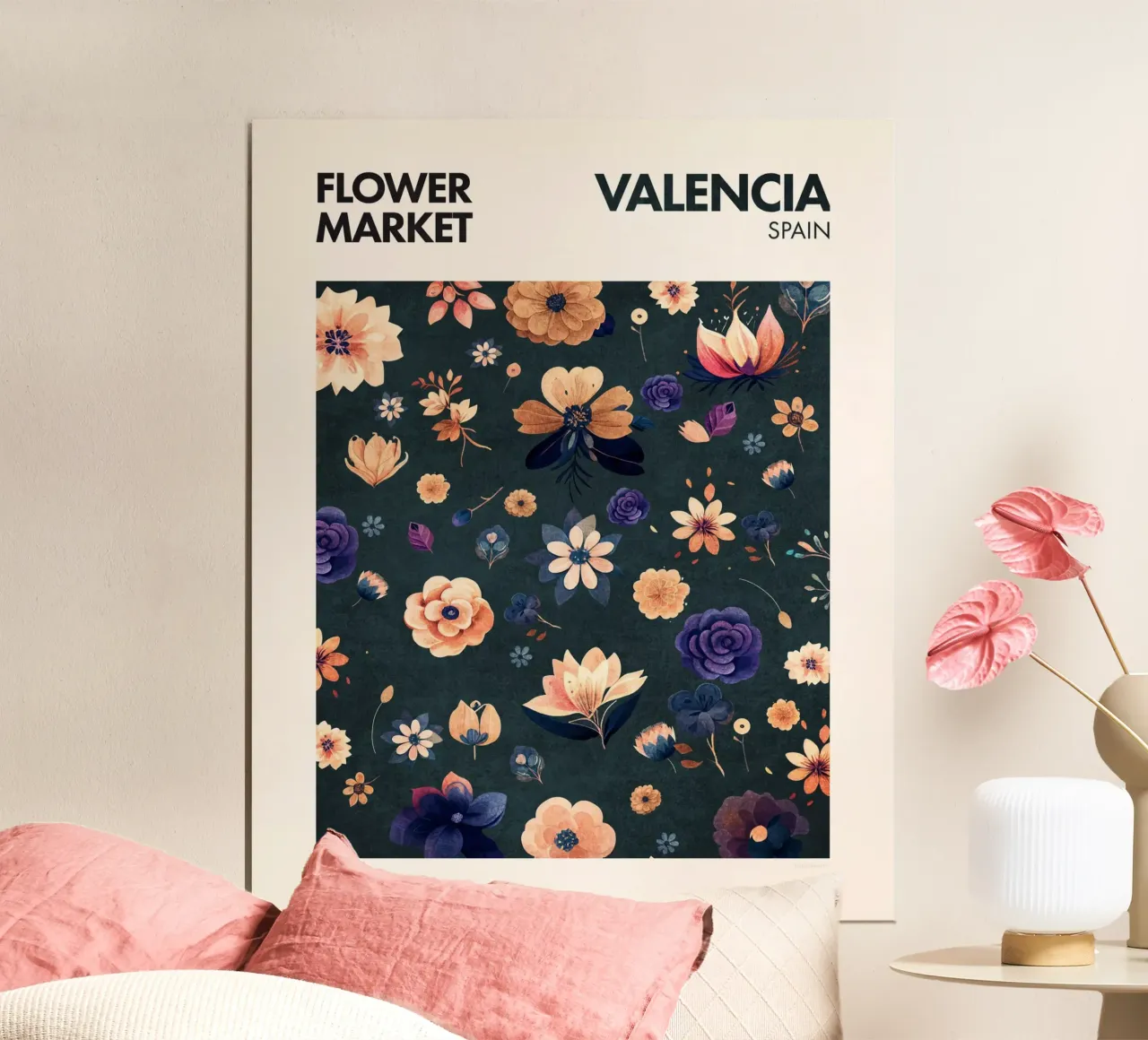 Mercato dei fiori - Valencia poster con telaio in plastica da Emel Tunaboylu