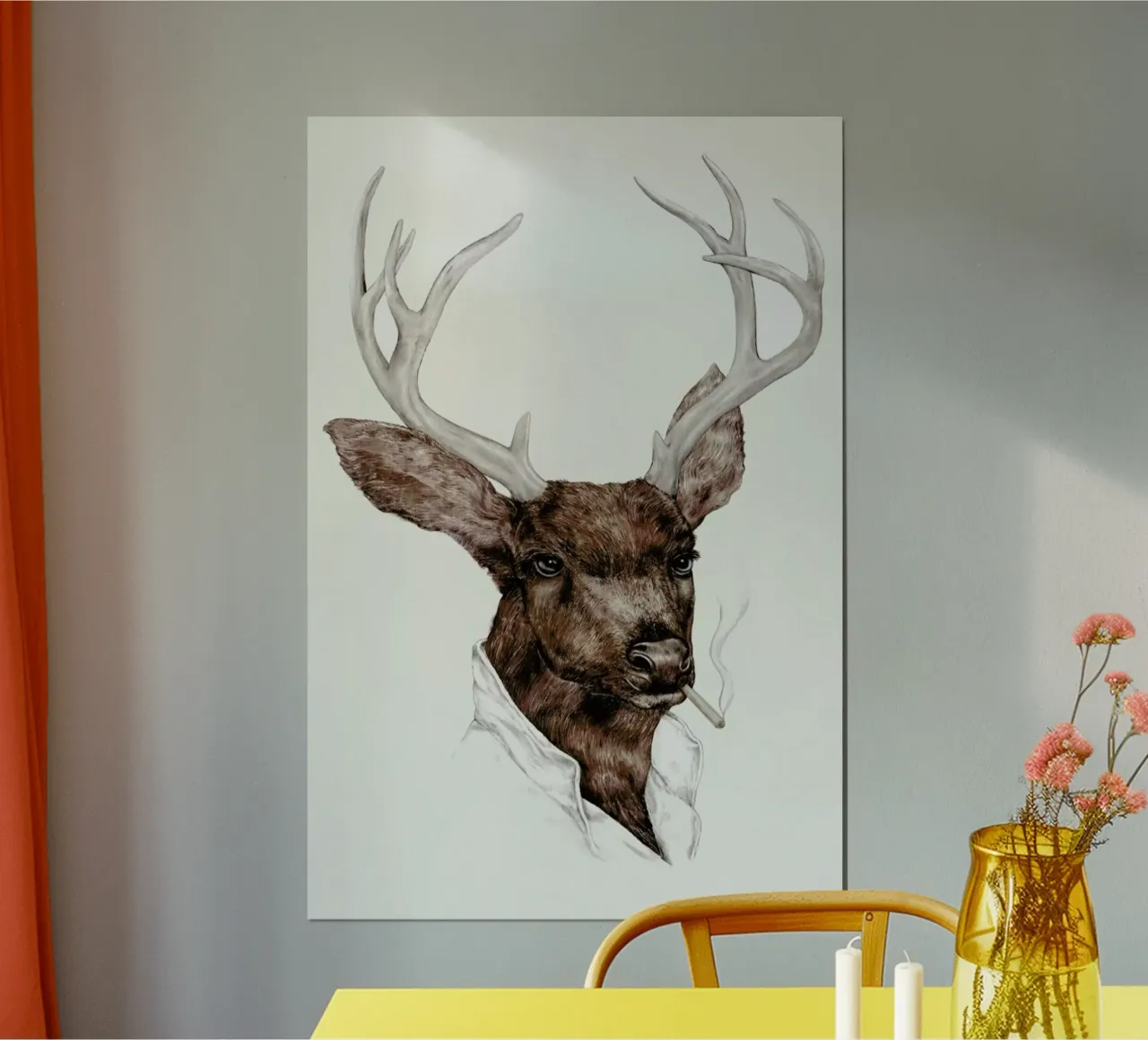 Smoking Deer poster con telaio in legno da Animal Crew