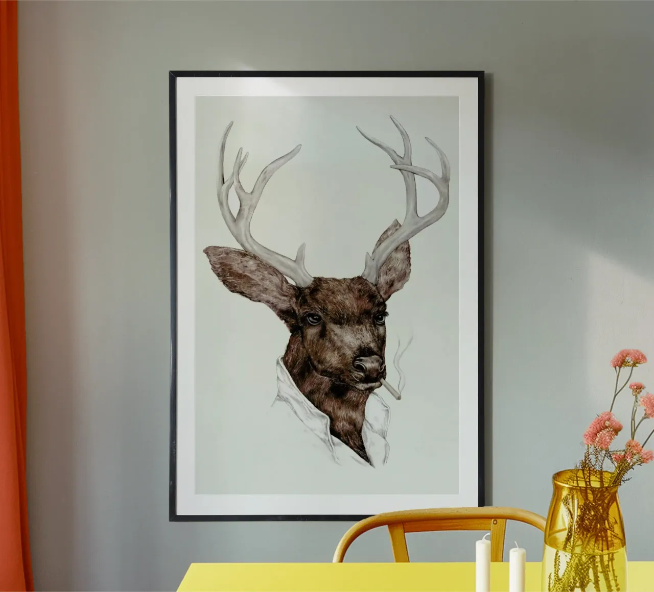 Smoking Deer poster con telaio in legno da Animal Crew