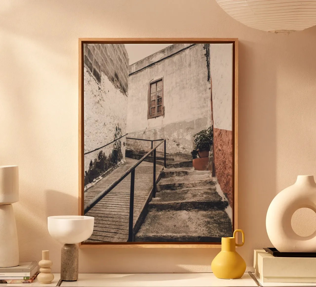 Rustic alleyway art - vintage architecture canvas with Floater frame by Whole©